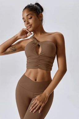 Ruched Asymmetric Camel Nude One Shoulder Sports Bra Top