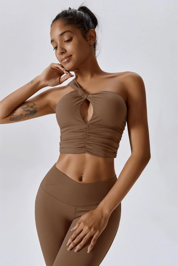 Ruched Asymmetric Camel Nude One Shoulder Sports Bra Top