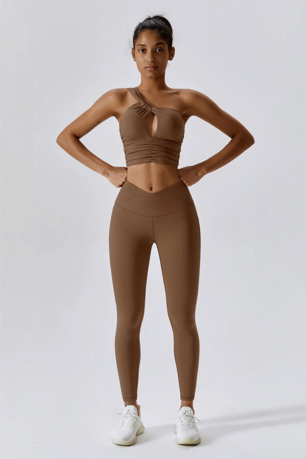 Asymmetric Camel Nude Cross-Wrap High Waisted Leggings