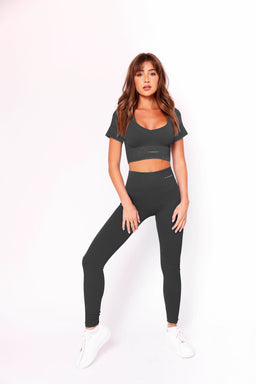 Mix and Match Grey Ribbed Full Length Seamless High Waisted Leggings