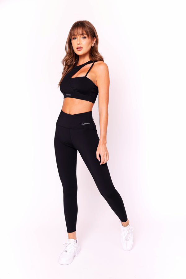 Asymmetric Black Onyx Cross-Wrap High Waisted Leggings