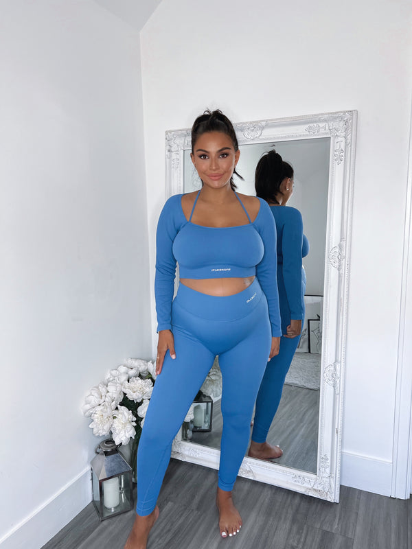 Mix and Match Blue Ribbed Long Sleeve Crop Top With Neck Strap Detail