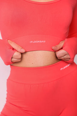 Second Skin Coral Seamless Long Sleeve Cropped Top