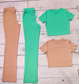 Essentials Nude Set Ribbed Round Neck Crop Top & Drawstring Wide Leg Pants Co-ord