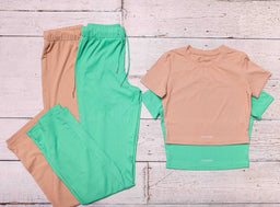 Essentials Nude Set Ribbed Round Neck Crop Top & Drawstring Wide Leg Pants Co-ord