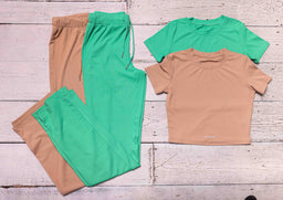 Essentials Nude Set Ribbed Round Neck Crop Top & Drawstring Wide Leg Pants Co-ord