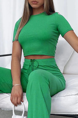 Essentials Green Set Ribbed Round Neck Crop Top & Drawstring Wide Leg Pants Co-ord