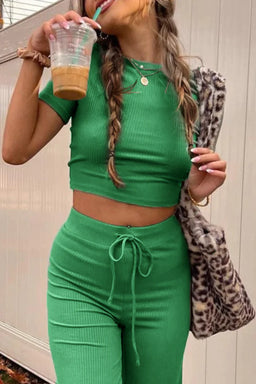 Essentials Nude Set Ribbed Round Neck Crop Top & Drawstring Wide Leg Pants Co-ord