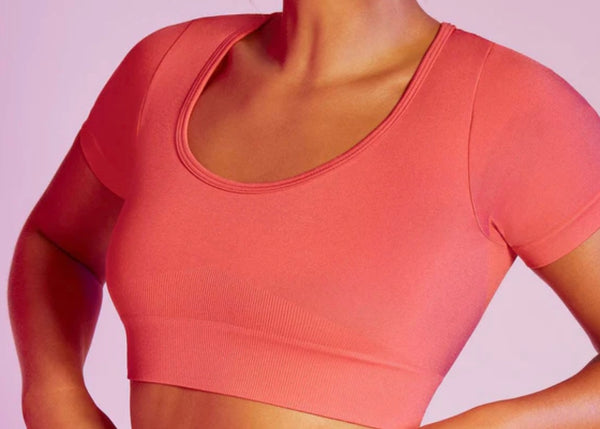 Second Skin Coral Seamless Shorts Sleeve Cropped Top