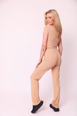 Essentials Nude Set Ribbed Round Neck Crop Top & Drawstring Wide Leg Pants Co-ord