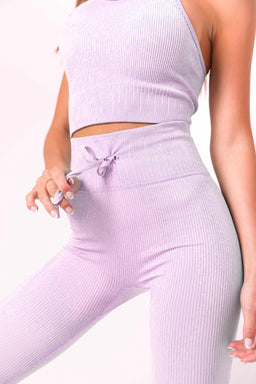 Essentials Lilac Ribbed Racer Crop Top and Leggings With Front Tie Detail Set