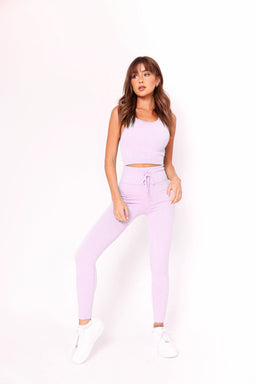 Essentials Lilac Ribbed Racer Crop Top and Leggings With Front Tie Detail Set