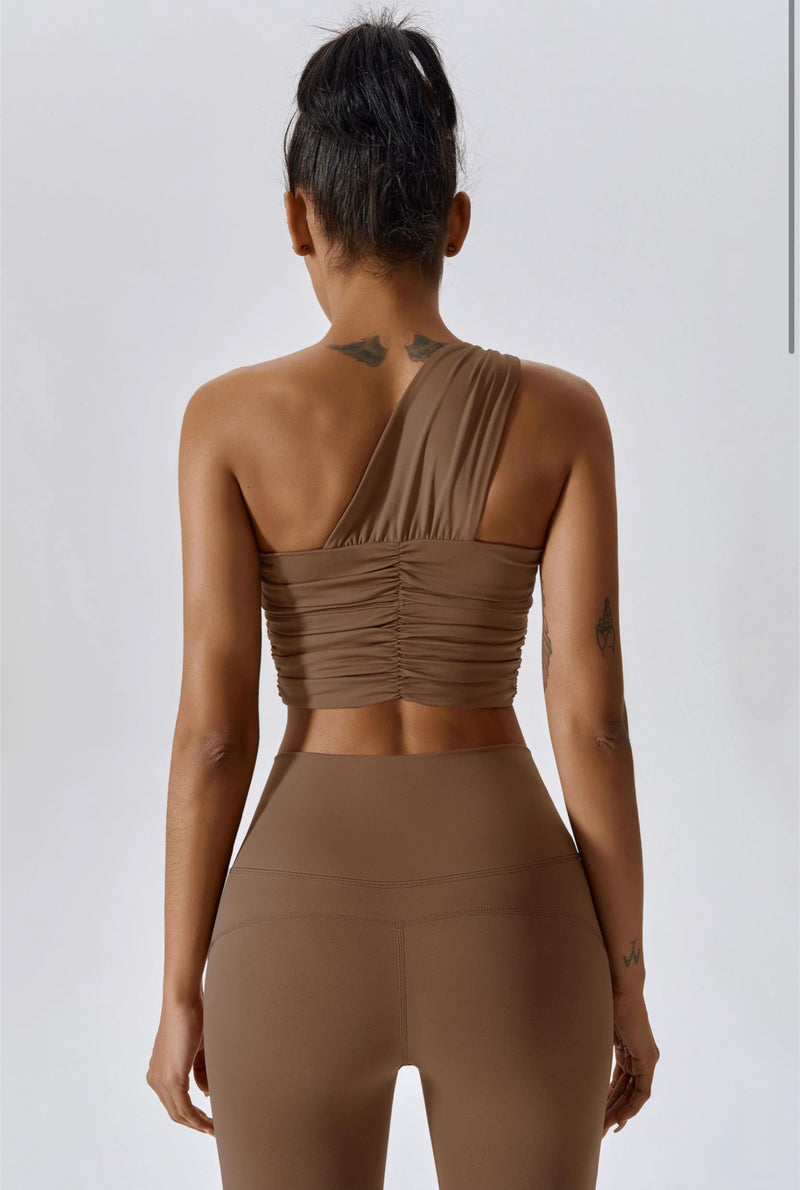 Ruched Asymmetric Camel Nude One Shoulder Sports Bra Top
