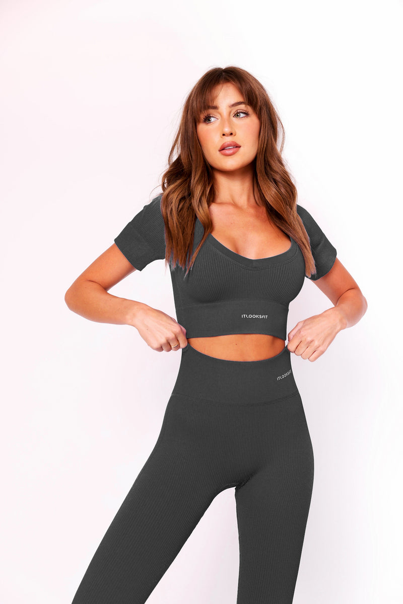 Mix and Match Grey Ribbed Full Length Seamless High Waisted Leggings