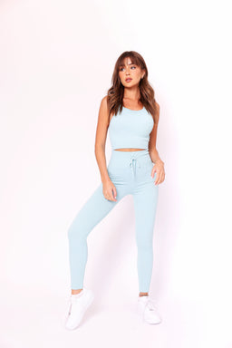 Essentials Light Blue Ribbed Racer Crop Top and Leggings With Front Tie Detail Set