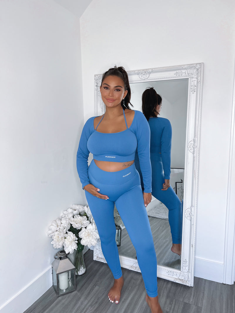 Mix and Match Blue Ribbed Full Length Seamless High Waisted Leggings