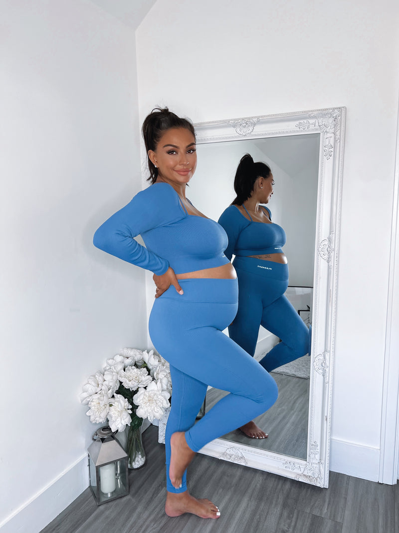 Mix and Match Blue Ribbed Full Length Seamless High Waisted Leggings