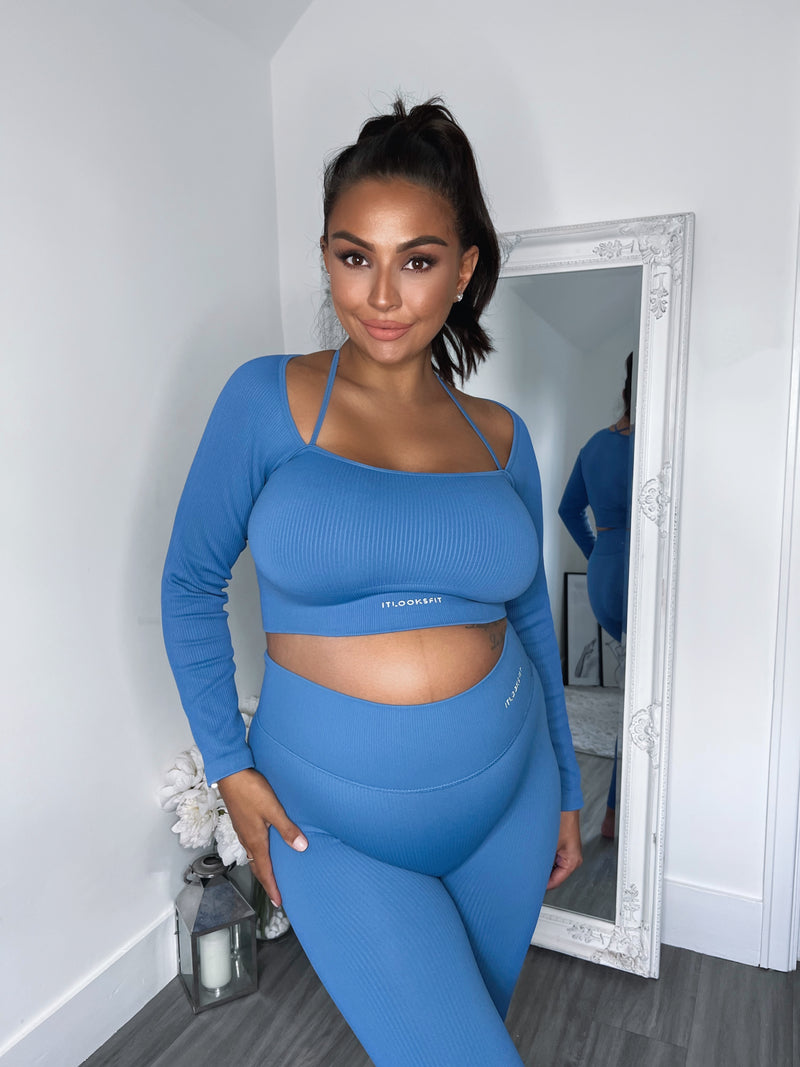 Mix and Match Blue Ribbed Long Sleeve Crop Top With Neck Strap Detail
