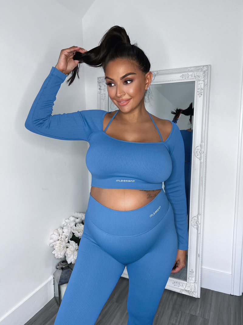 Mix and Match Blue Ribbed Long Sleeve Crop Top With Neck Strap Detail