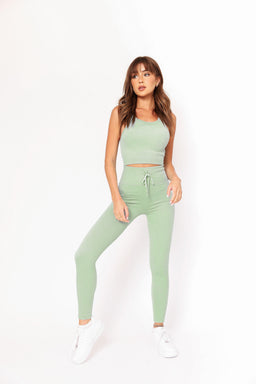 Essentials Sage Ribbed Racer Crop Top and Leggings With Front Tie Detail Set