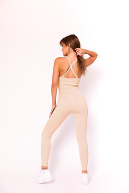Essentials Nude Ribbed Racer Crop Top and Leggings With Front Tie Detail Set