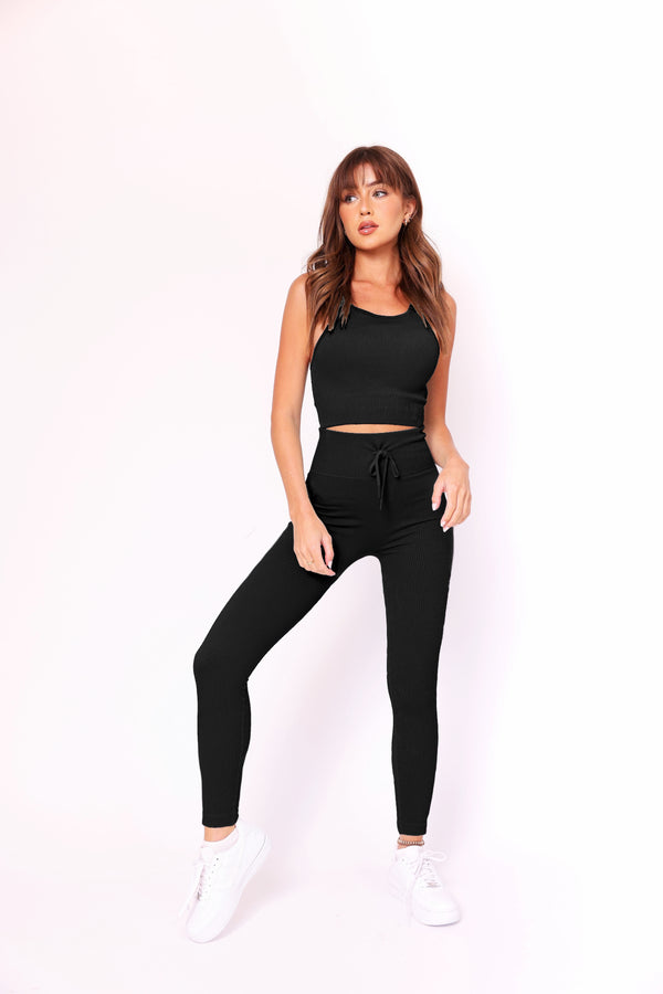 Essentials Black Ribbed Racer Crop Top and Leggings With Front Tie Detail Set