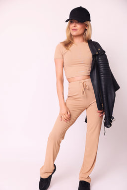 Essentials Nude Set Ribbed Round Neck Crop Top & Drawstring Wide Leg Pants Co-ord