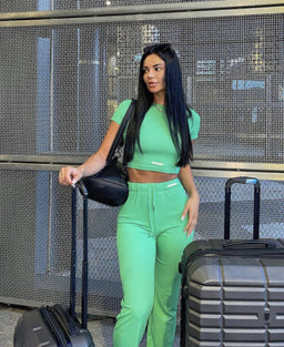 Essentials Green Set Ribbed Round Neck Crop Top & Drawstring Wide Leg Pants Co-ord